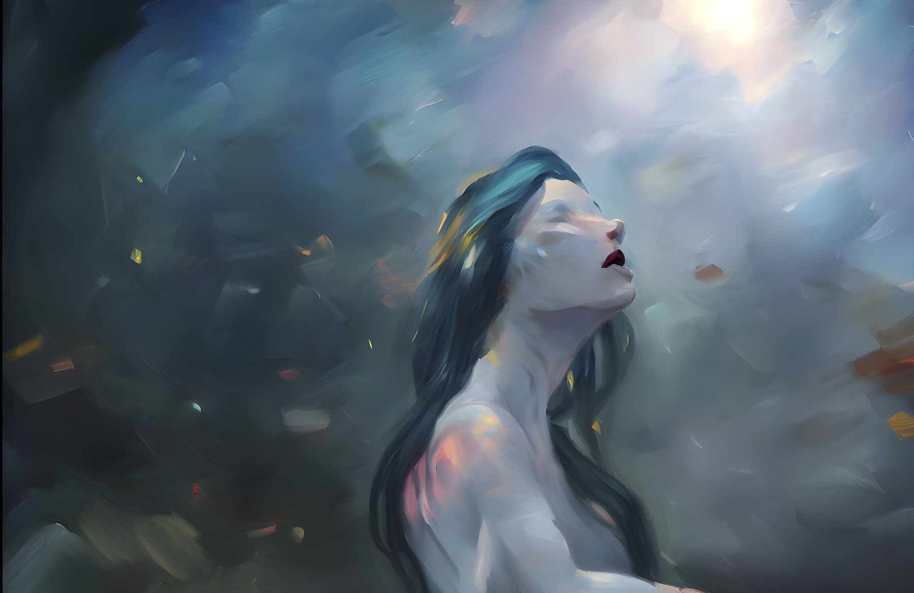 Dark-haired woman in ethereal blue and warm glows gazes upward