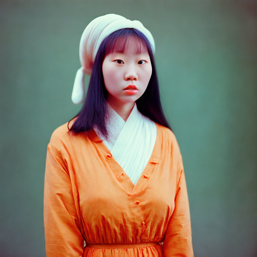 Young woman with black hair in orange dress and white headscarf against muted background
