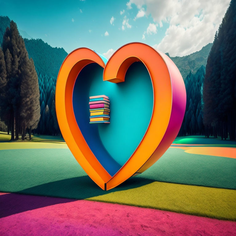 Colorful Heart-Shaped Sculpture in Vibrant Landscape with Mountains and Books