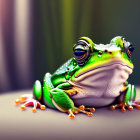 Colorful Frog on Brown Surface with Water Droplets and Blurred Background