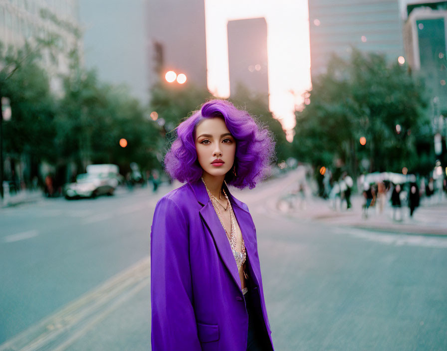 Vibrant purple-haired woman in city street at twilight
