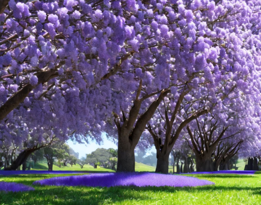 Vibrant purple jacaranda trees bloom in serene park