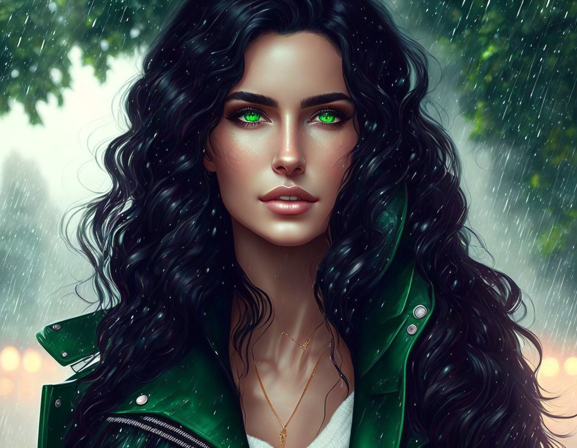 Woman with Green Eyes and Black Hair in Green Jacket Under Rain