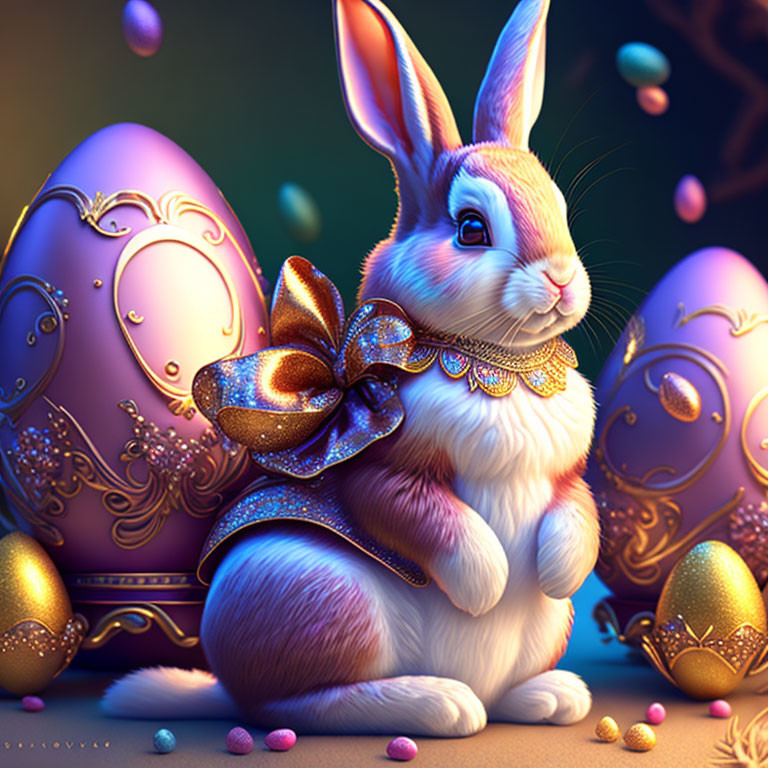 Detailed Easter-themed image with fluffy rabbit, golden bow, ornate eggs, and confetti.