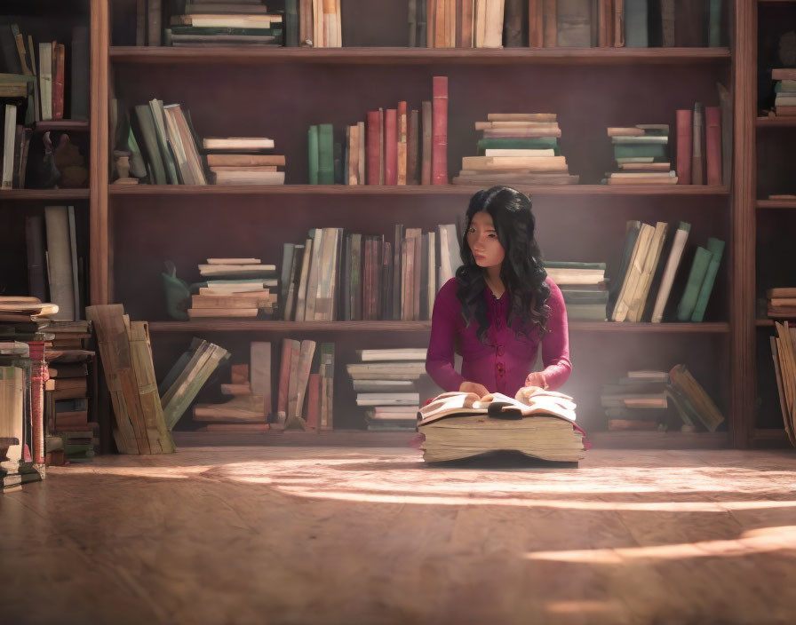Woman Reading Large Book in Warmly Lit Bookshelf Scene