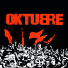 Monochrome crowd with red flags under bold red "OKTUERE" sign