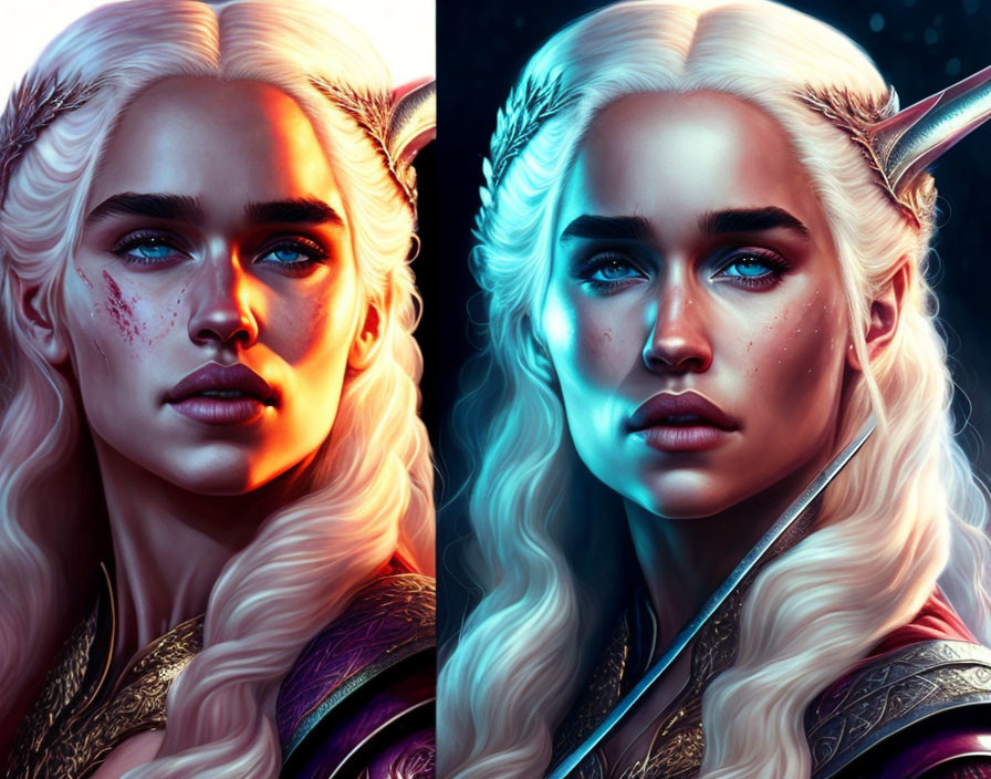 Stylized portraits of female character with pale skin, white-blonde hair, and blue eyes