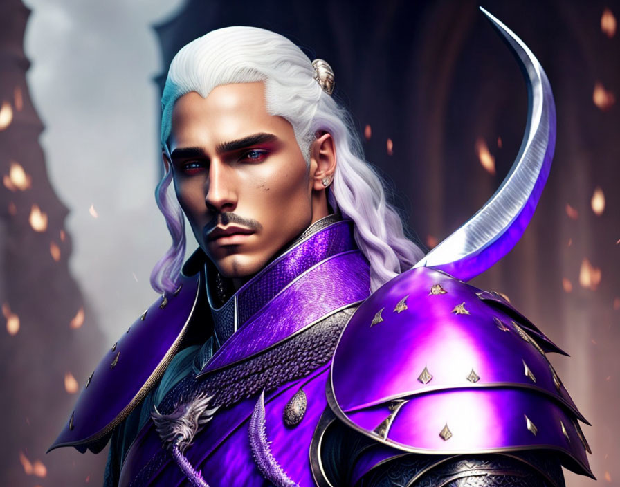 Fantasy character with white hair in purple armor on fiery backdrop