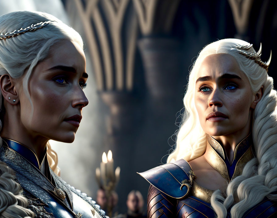Two women in braided platinum blonde hair and medieval armor in grand hall setting