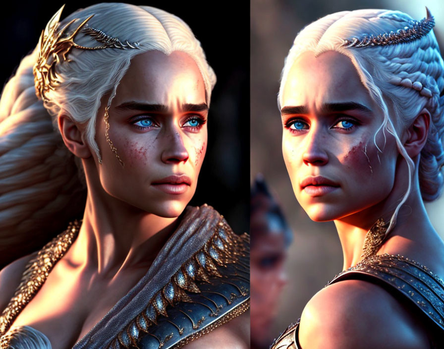 Close-up images of fictional character with platinum blonde hair and braided hairstyle.