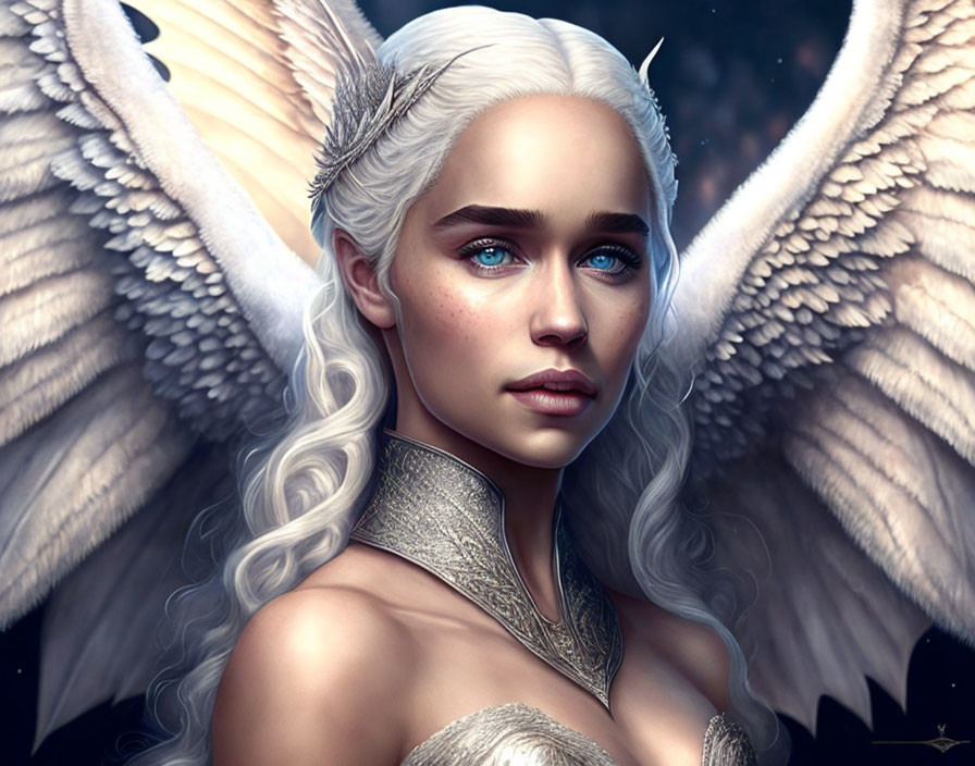 Fantasy character with blue eyes, white hair, and angelic wings in starry setting