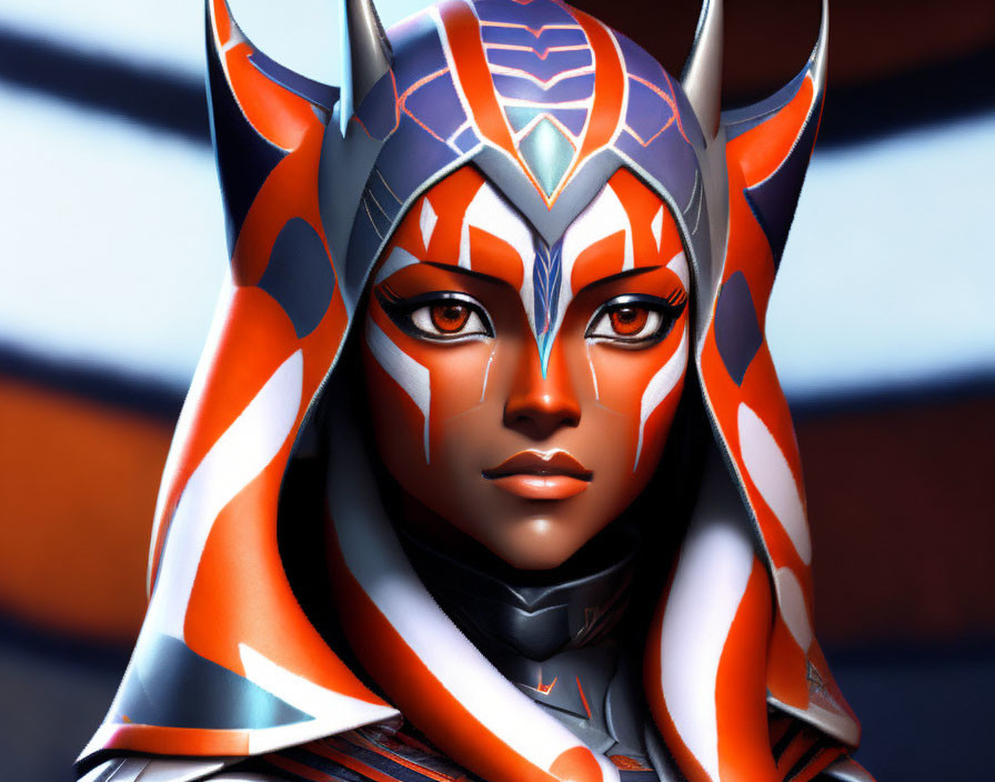 Female character with orange and white face paint and sci-fi/fantasy headpiece