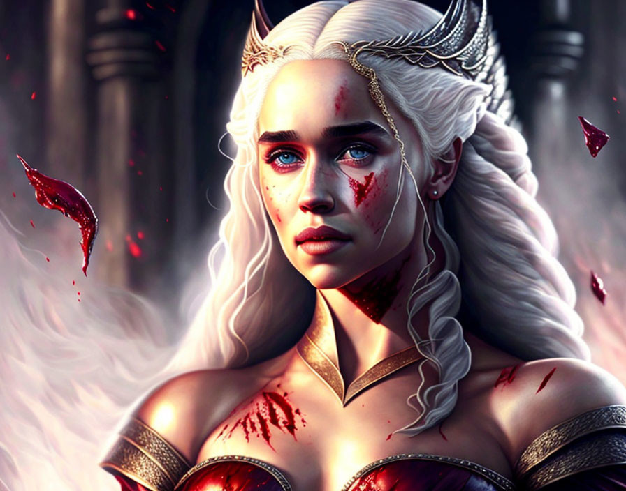 Fantasy warrior woman with silver hair and blood-splattered face in armor
