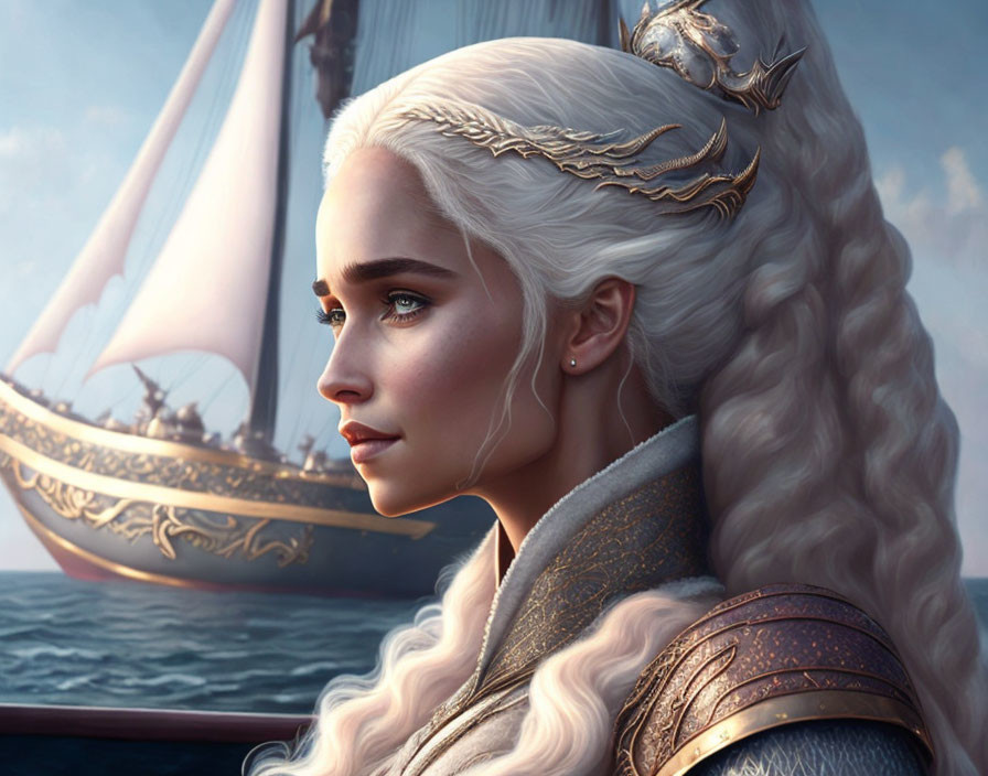 Regal woman with white hair and gold accessories by a sailing ship