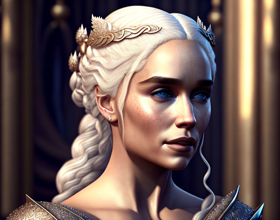 Digital portrait of woman with pale skin, white-blond hair in braid, blue eyes, leaf