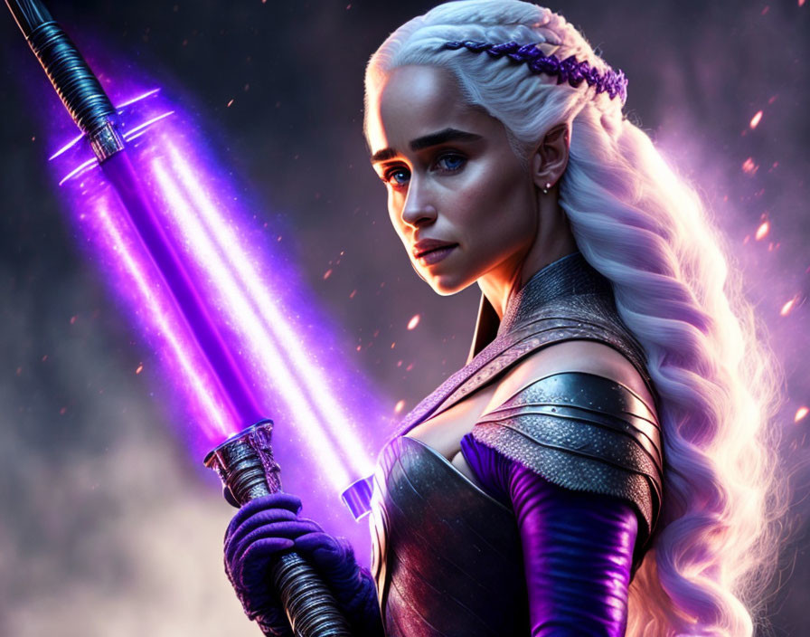 Pale-haired woman wields purple lightsaber in silver armor against cosmic backdrop