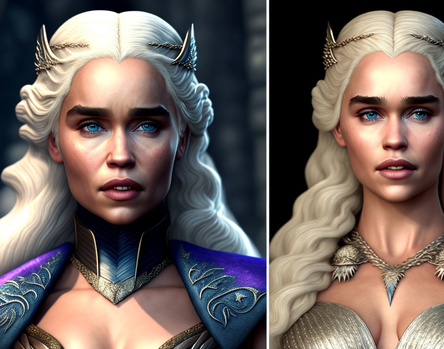 Fictional female character with pale skin, blue eyes, white-blond hair, and silver head
