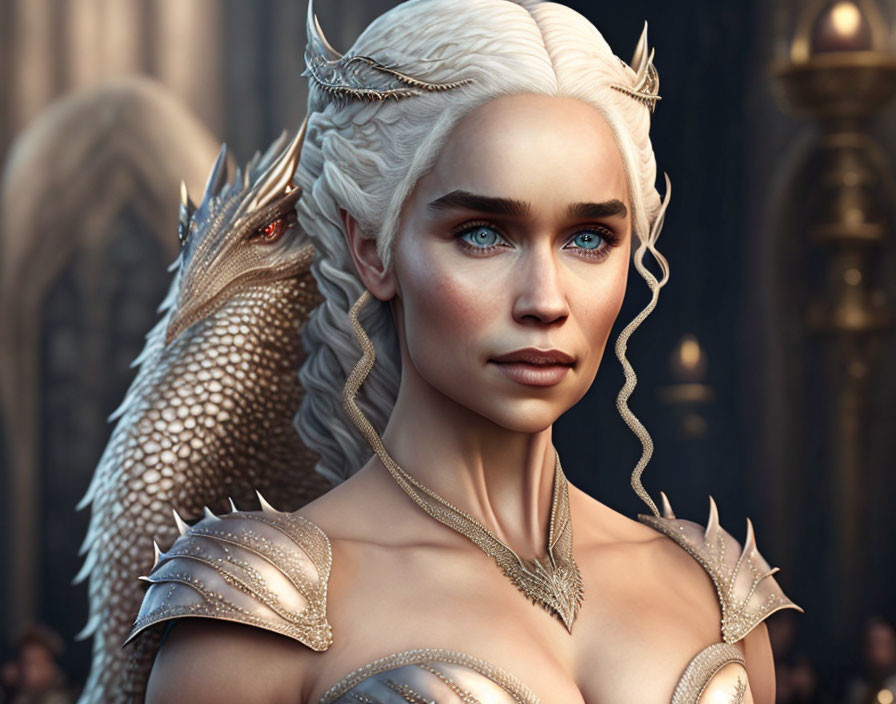 Fantasy digital art of pale-skinned female with blue eyes, white hair, crown, shoulder armor