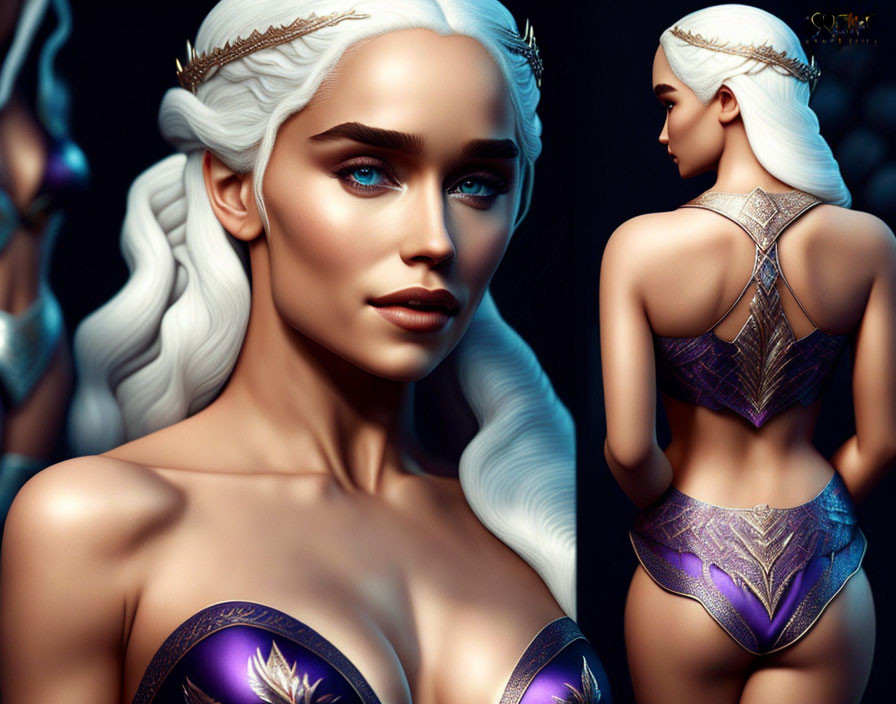 3D illustration of woman with white hair, blue eyes, gold crown, purple & gold outfit