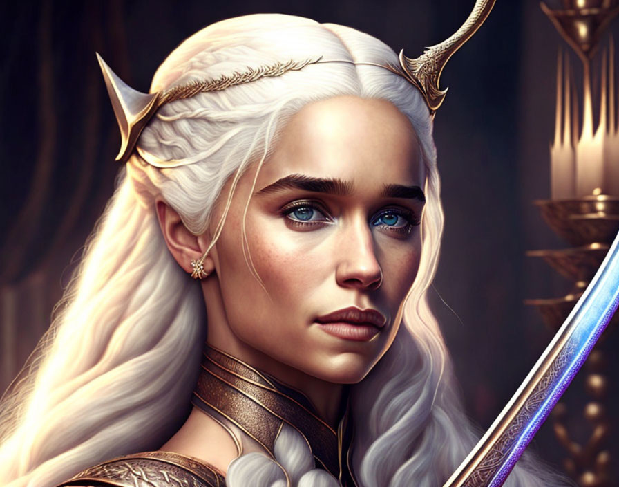 Fantasy-themed portrait of a woman with white hair and blue eyes holding a sword