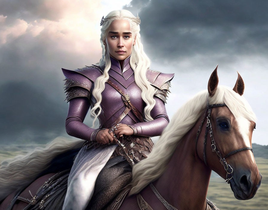 Woman in white-blonde hair in purple medieval armor on white horse under dramatic sky