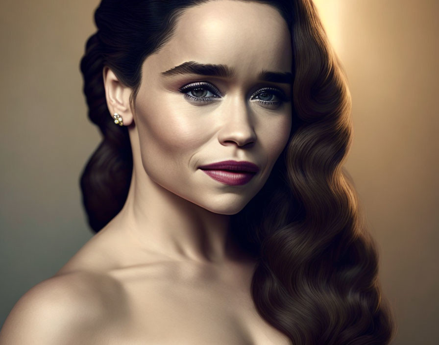 Portrait of a woman with wavy hair and elegant makeup on warm background