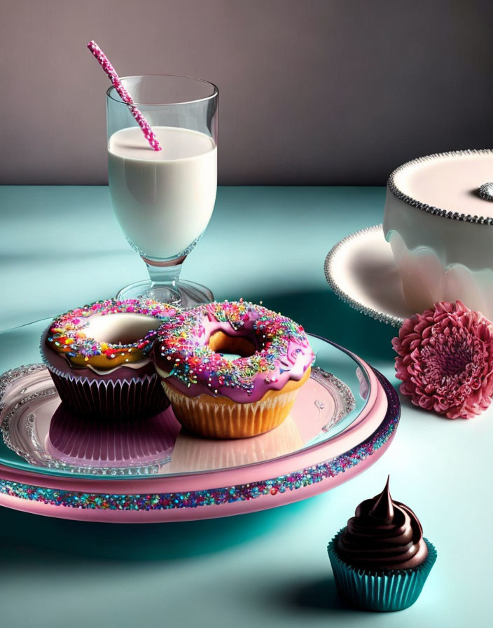 Milk glass with striped straw, frosted donuts, cupcake, and flower on plate