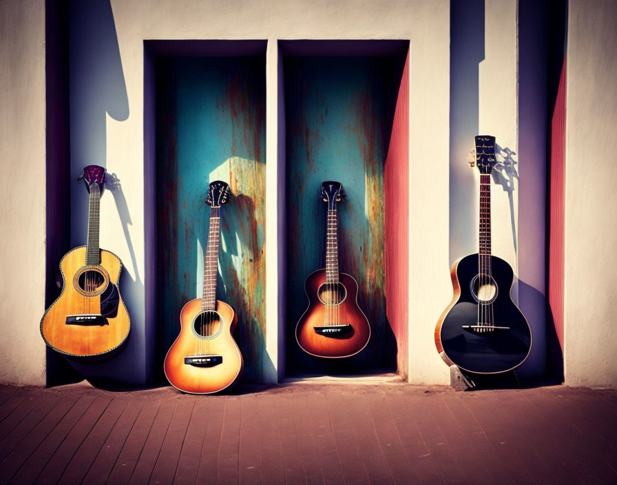 Acoustic Guitars on Colorful Interior Walls with Sunlight Shadows