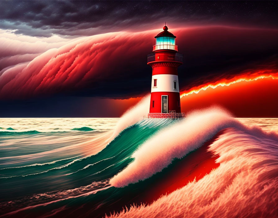 Dramatic red sky with ominous clouds over turbulent sea waves