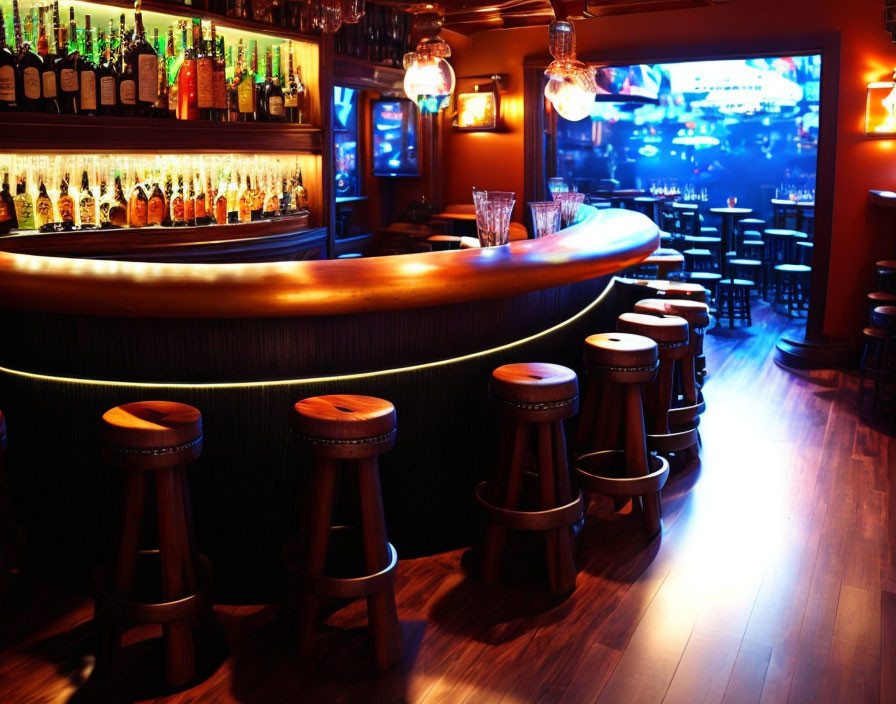 Dimly Lit Bar with Curved Counter, Stools, Neon Accents, Bottles, and