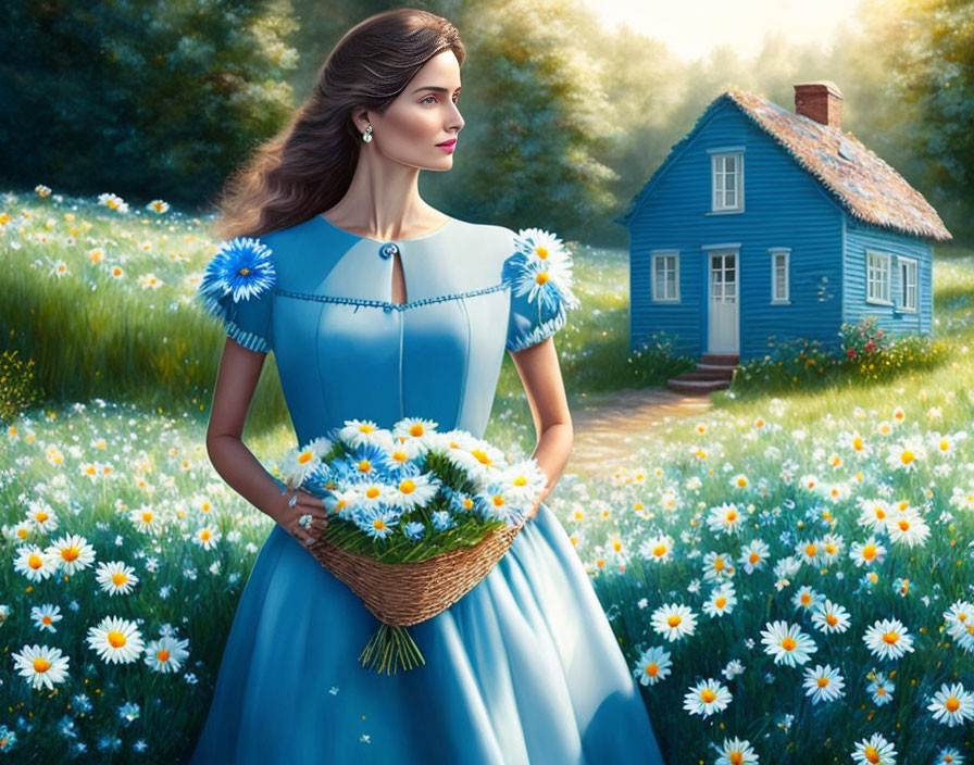 Woman in Blue Dress with Daisy Basket in Field Near Blue House