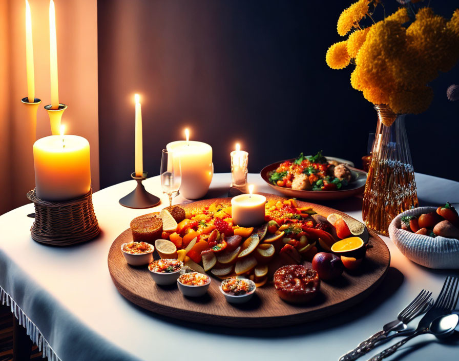 Cozy dining ambiance with candles, wooden platter, sauces, and yellow flowers