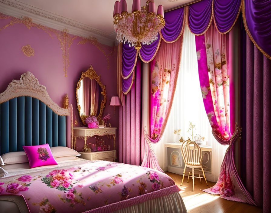 Luxurious Bedroom with Purple and Pink Decor and Elaborate Furnishings