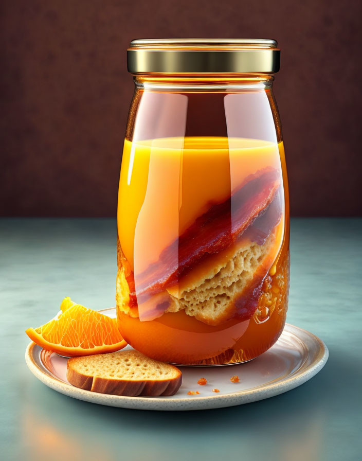 Golden honey jar with dripping spoon, orange slices, bread on teal plate.