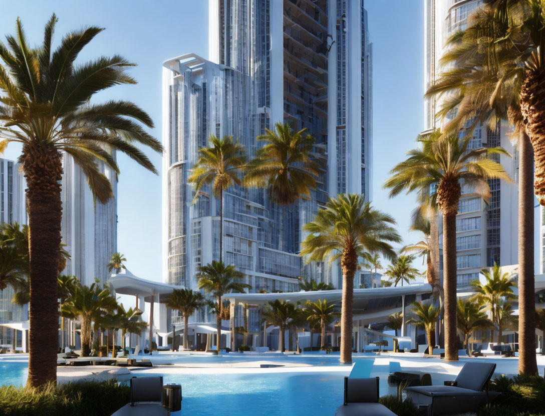 Resort pool with skyscrapers and palm trees under clear blue sky