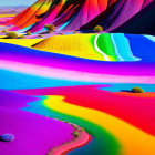 Digitally altered image of mountainous terrain with surreal rainbow colors.