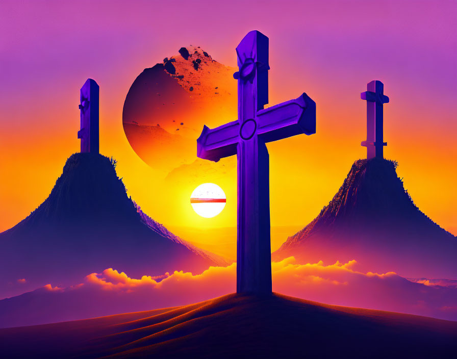Purple surreal landscape with three crosses, large sun, and shattered planet.