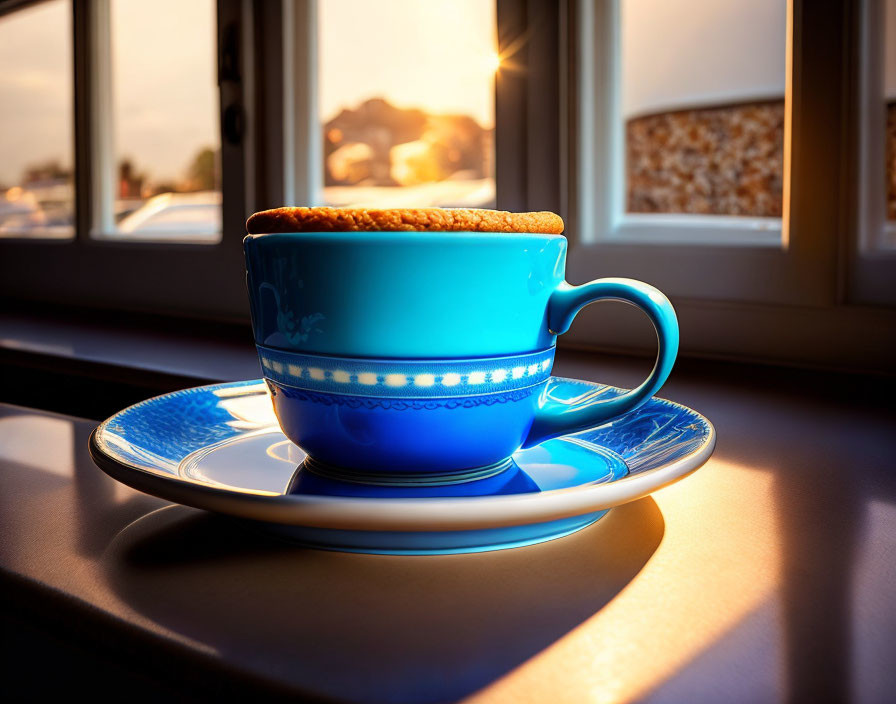 Blue cup with saucer and cookie on windowsill at sunrise or sunset