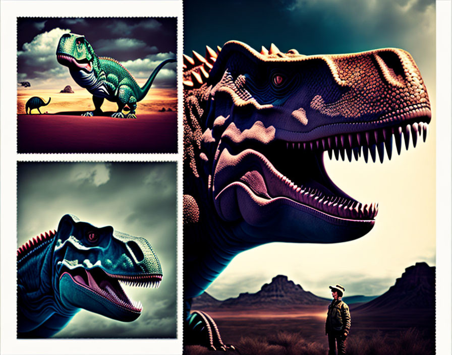 Stylized Tyrannosaurus Rex Collage in Desert Scene