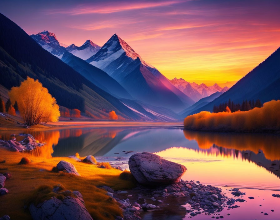 Tranquil sunset over mountain landscape with autumn trees and serene lake