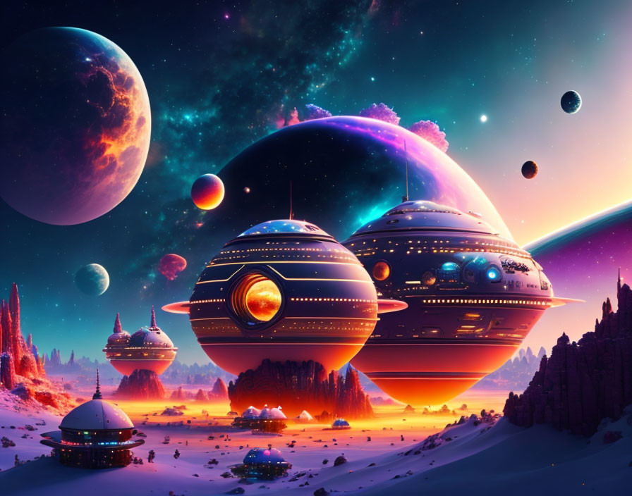 Futuristic sci-fi landscape with multiple spaceships in celestial setting