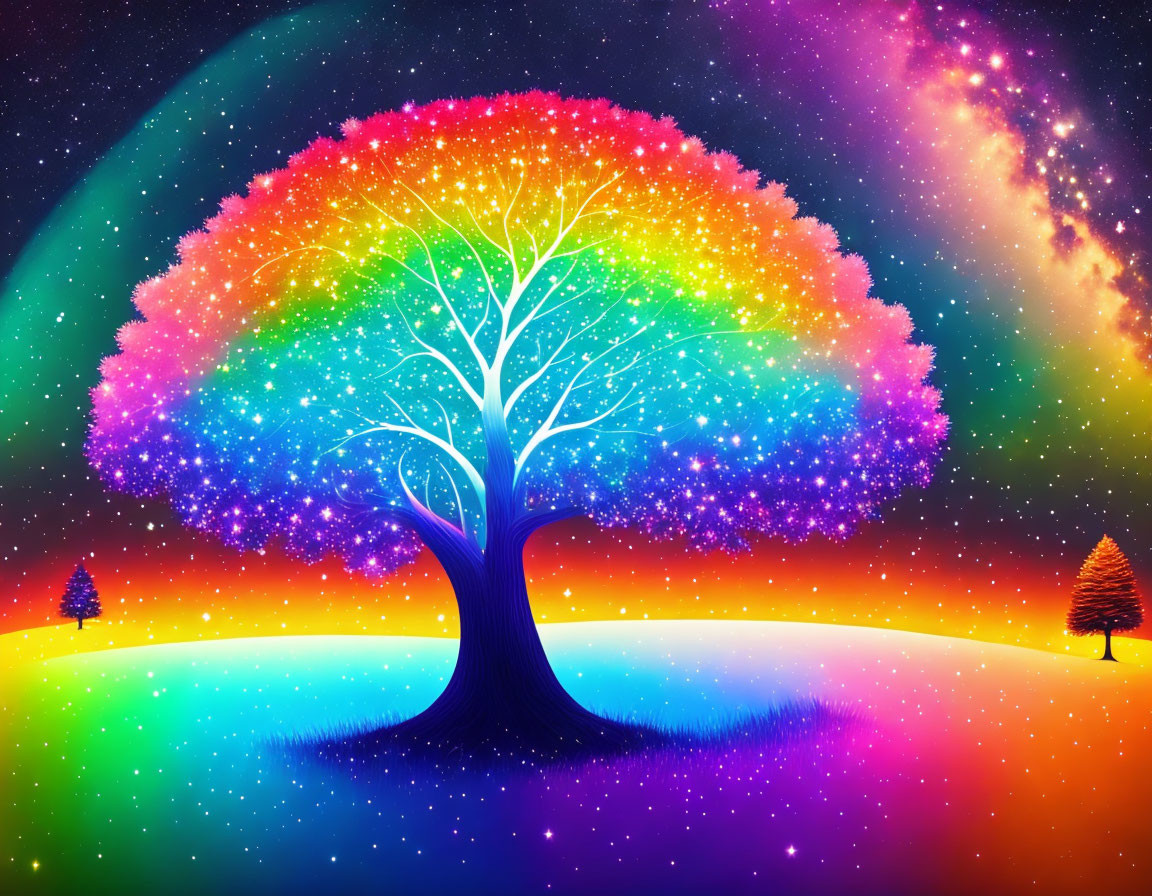 Colorful Tree with Rainbow Foliage on Galactic Background