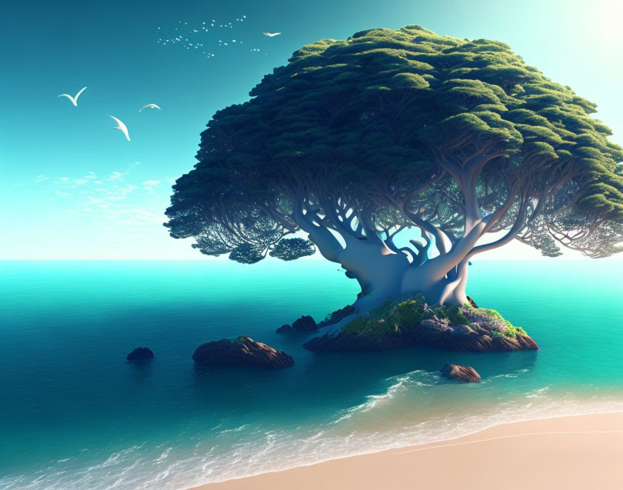 Majestic tree on small island with ocean backdrop, birds in sky