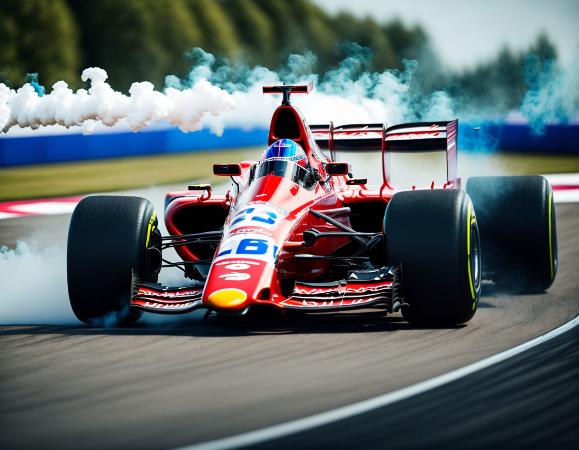 Speeding Formula 1 race car with white smoke on track