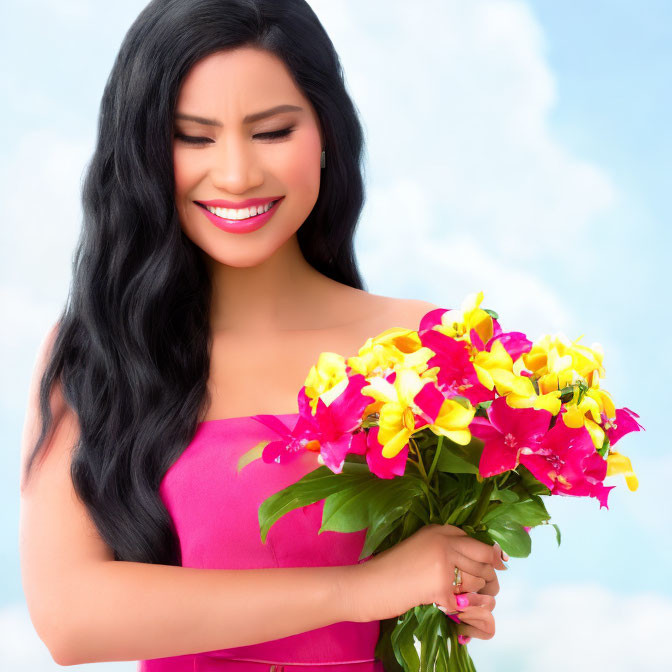 Smiling woman with long dark hair holding bouquet under blue sky