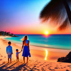 Family walking on beach at sunset with palm trees and calm sea