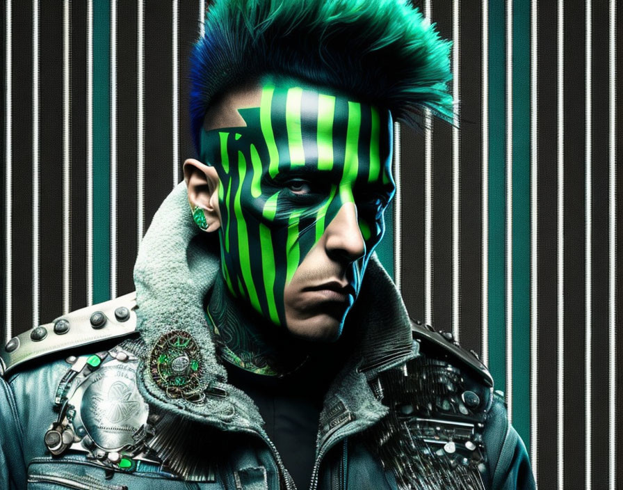 Person with Mohawk and Face Paint in Spiked Jacket on Striped Background