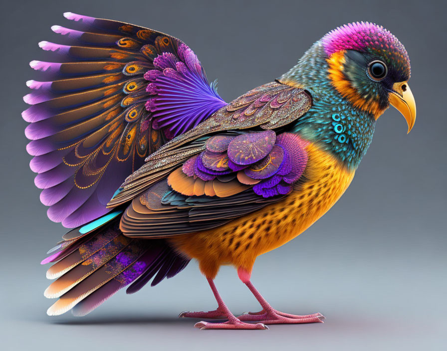 Colorful Fantastical Bird Artwork with Elaborate Feathers