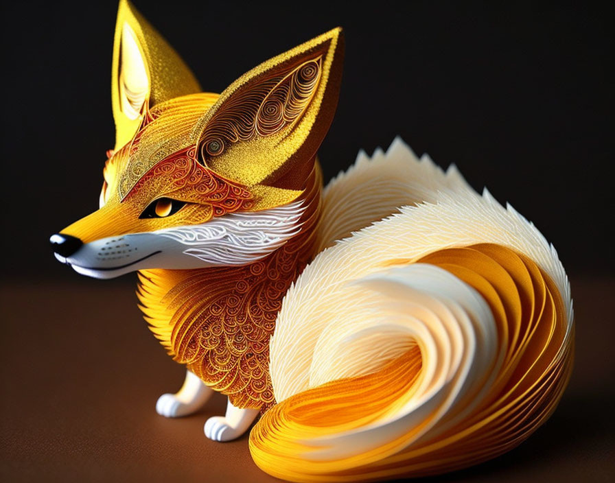 Colorful Paper Fox Sculpture with Intricate Patterns and Bushy Tail
