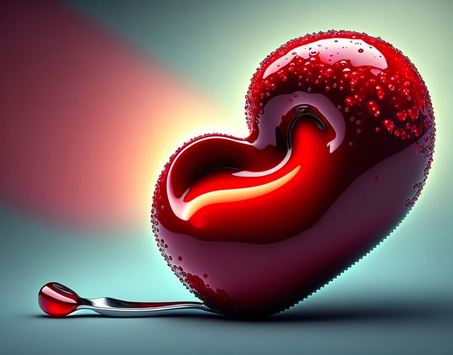 Shiny red heart with water droplets on blue background and glowing light
